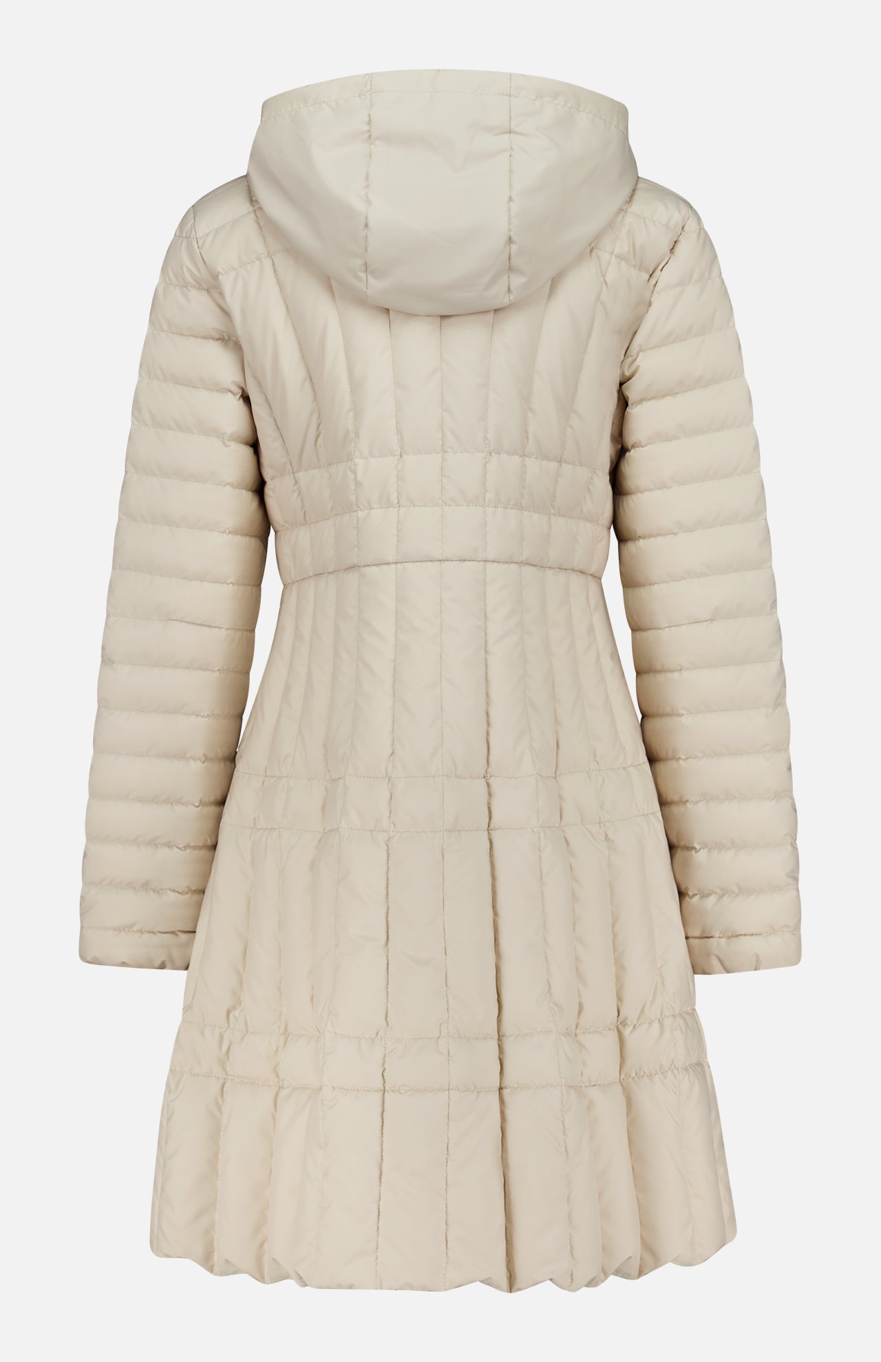 The MONCLER Menthelong Long Down Filled Coat in light beige features quilting, a fitted waist, detachable hood, and flared hem, displayed from the back against a plain white background.