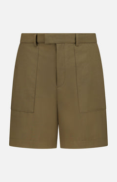 MONCLER Stretch Flat Front Shorts in olive green feature a high waist, belt loops, two large front patch pockets, and a tailored fit in stretch fabric, shown against a white background.