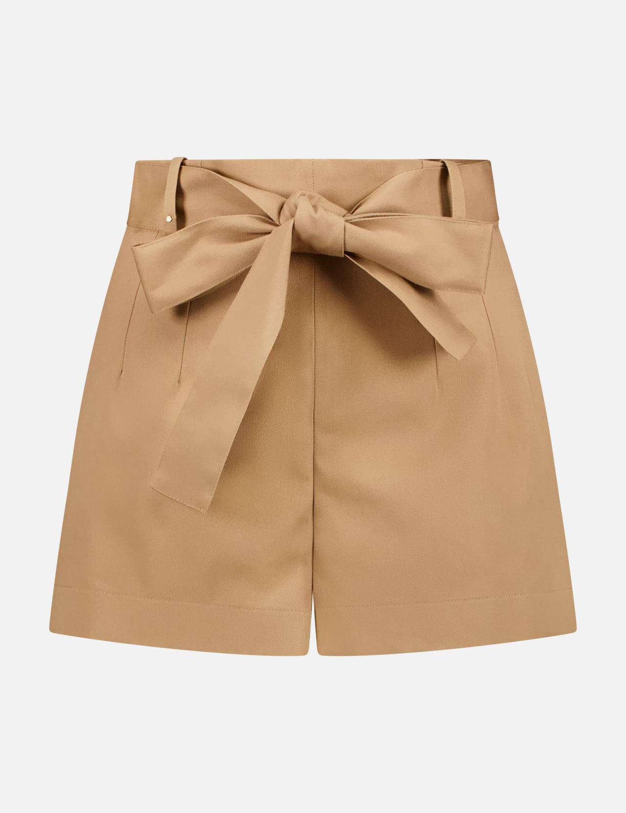 MONCLER Belted Shorts for women in tan, featuring a wide waistband, side pockets, and a matching fabric belt tied in a bow at the front—ideal for pairing with your favorite MONCLER pieces. Displayed on a plain white background.