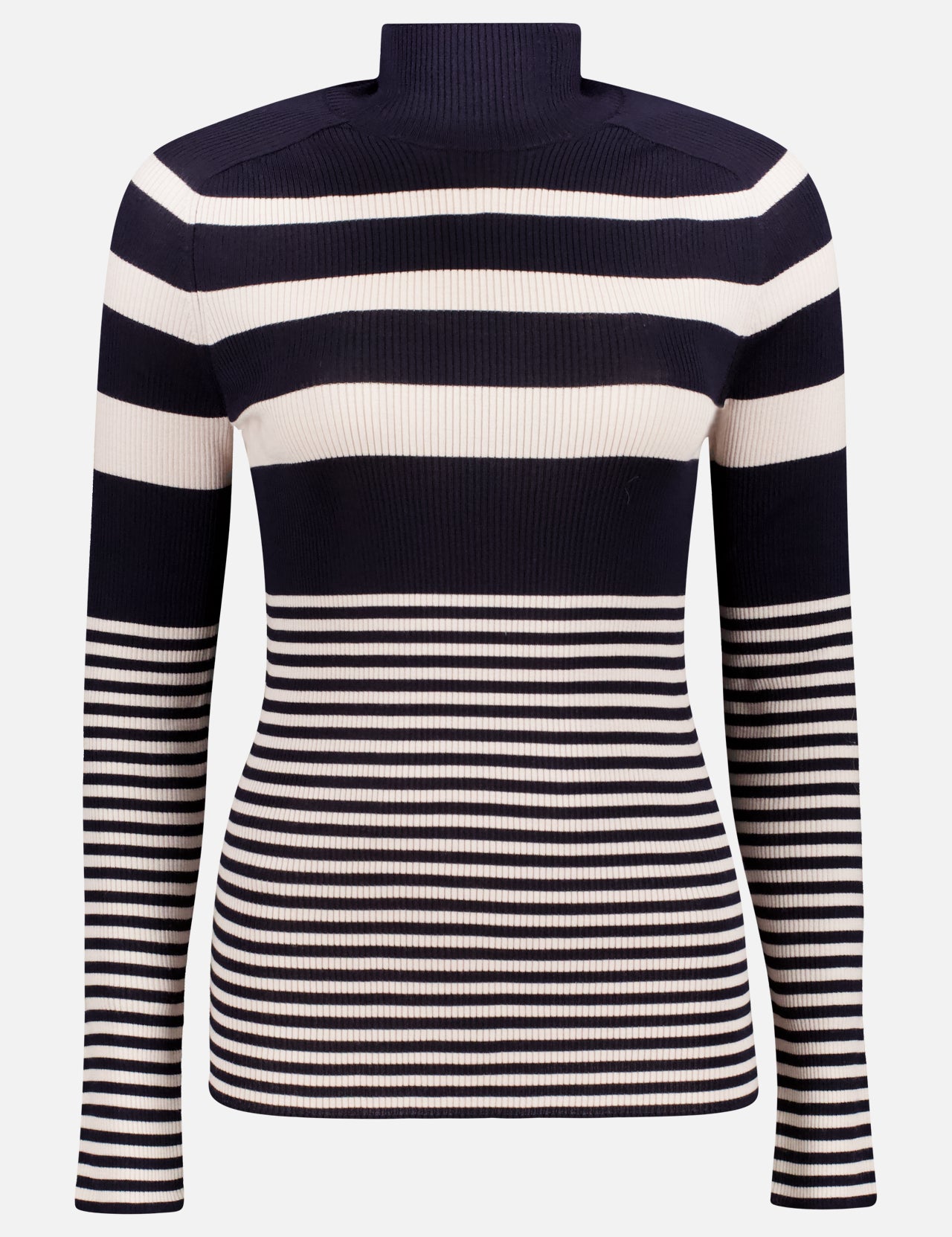 The MONCLER Gradient Striped Turtleneck Sweater features long sleeves, ribbed knit construction, and slim fit with black and white stripes of varying thickness for timeless style and comfort.