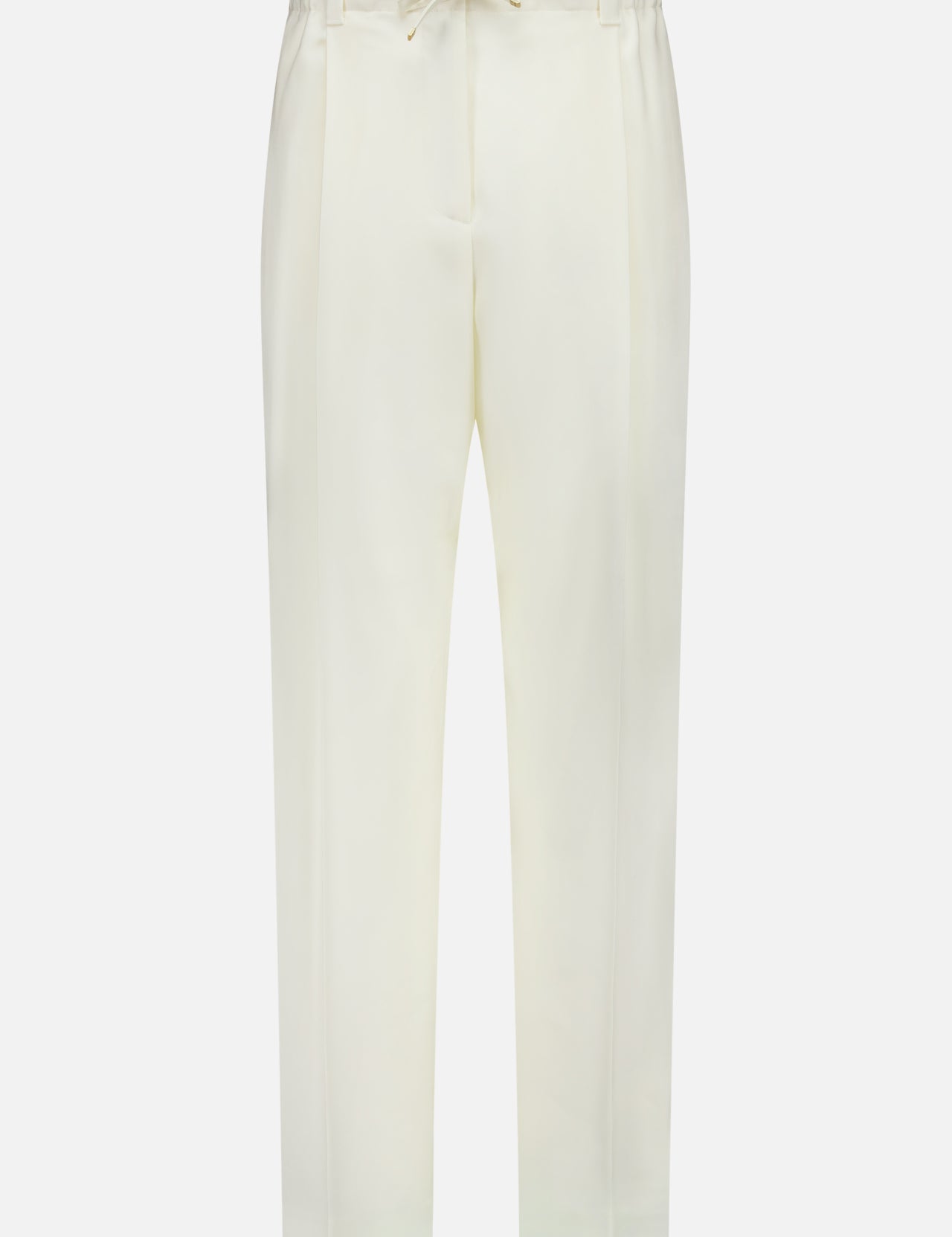 MONCLER Wool Drawstring Trousers: High-waisted, straight-leg white wool gabardine pants with a drawstring waistband and front crease lines, shown on a plain white background.