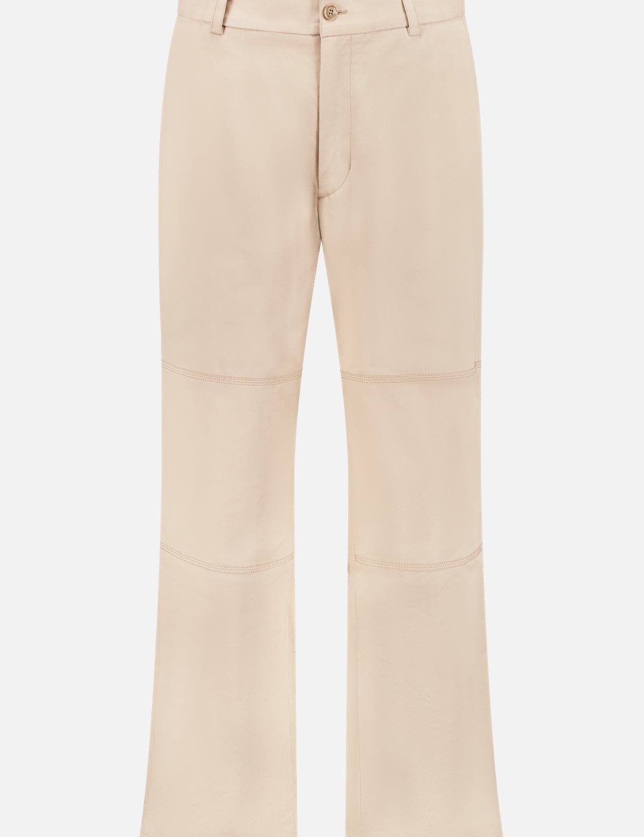 The Flat Front Essential Trousers by MONCLER feature a beige straight-leg design with button and zip closure, belt loops, and visible seam detailing at the knee and lower leg, crafted from smooth fabric inspired by high-performance outerwear.