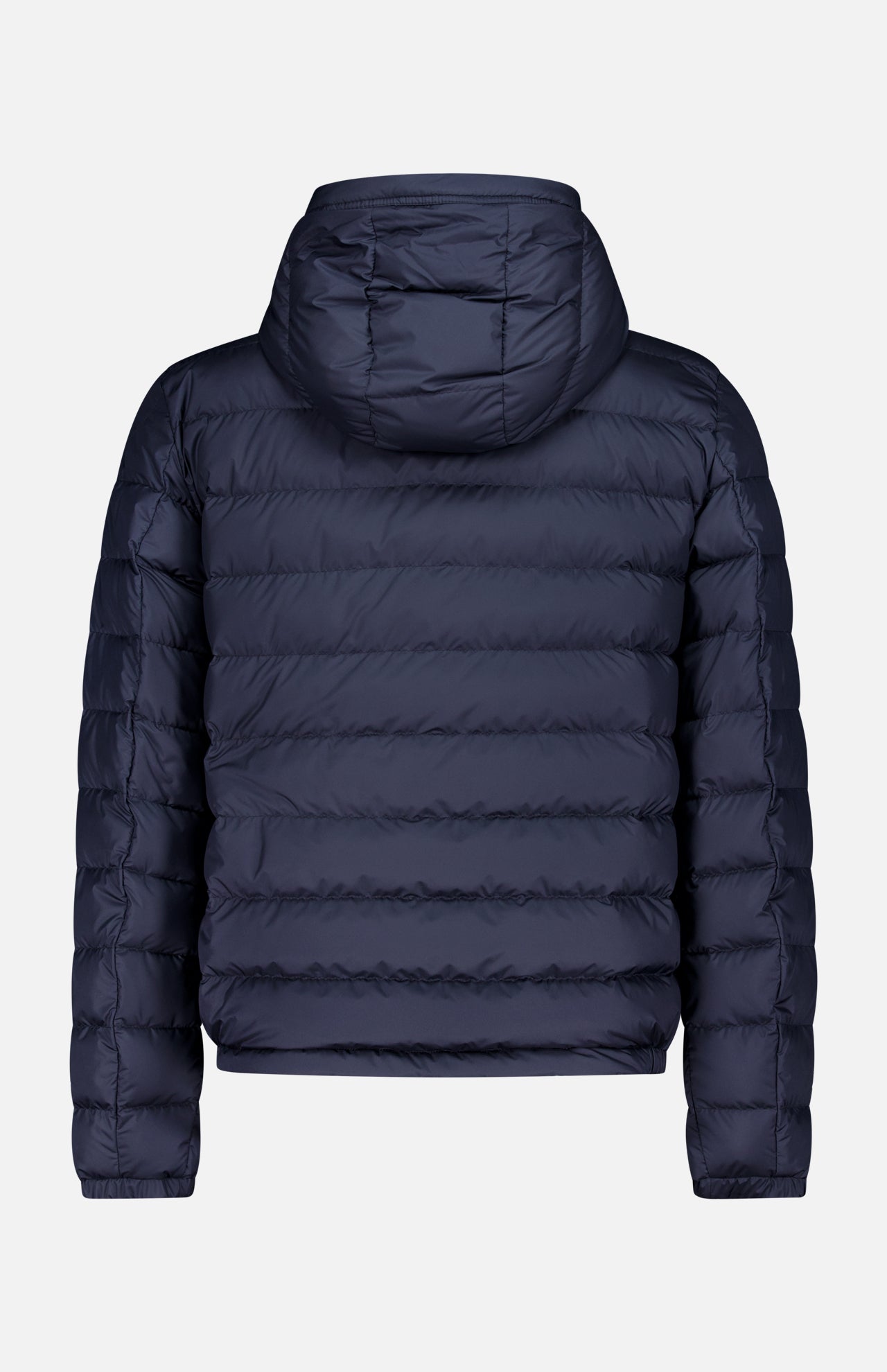 The MONCLER Vermeille Hooded Puffer Jacket in navy blue features horizontal quilting and a hood, displayed from the back against a plain white background.
