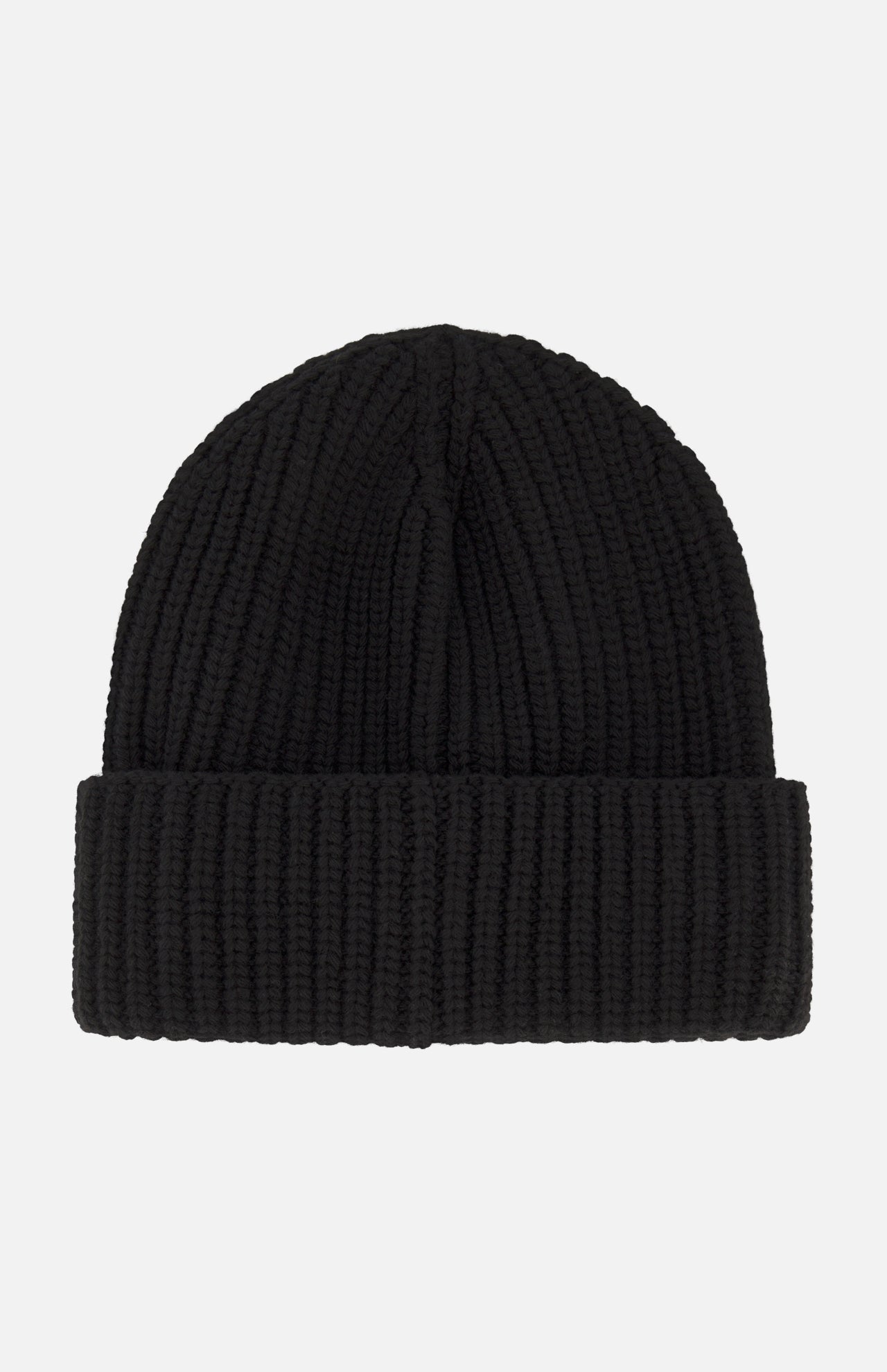 A black MONCLER Tonal Logo Beanie, crafted from luxurious virgin wool and cashmere with a ribbed texture and folded cuff, is displayed on a plain white background.
