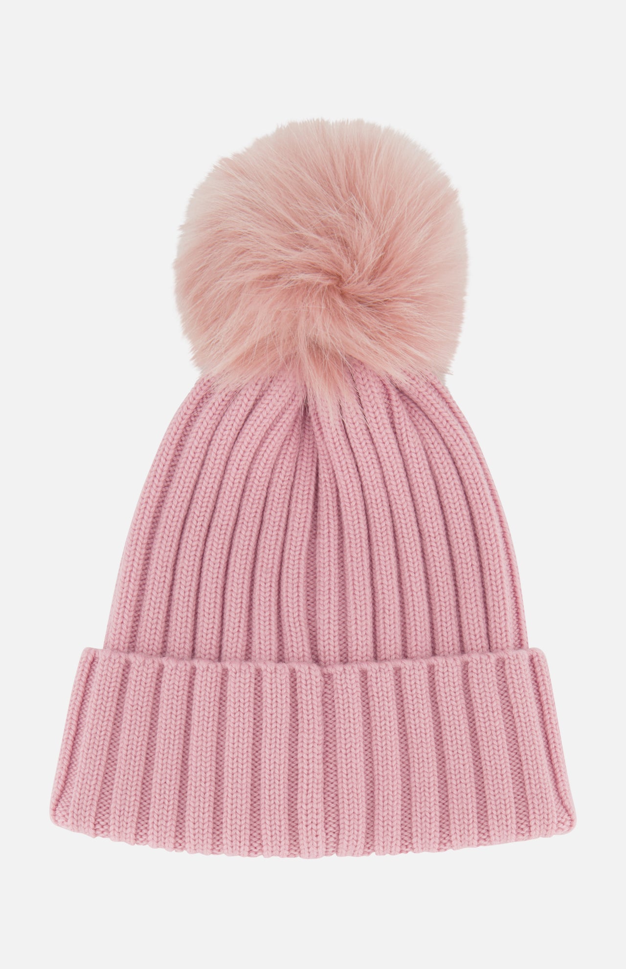 The MONCLER Ribbed Pom Beanie features a pink ribbed knit design with a folded brim and is topped with a large, fluffy faux fur pom pom. Photographed against a plain white background, this beanie combines cozy warmth and playful style for your winter wardrobe.
