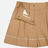 The Brushed Techno Cotton Shorts by MONCLER feature a beige pleated design with a side zipper, snap button closure, white lining and pocket. Inspired by tailored shorts, they offer an elastic waistband and white trim near the hem.