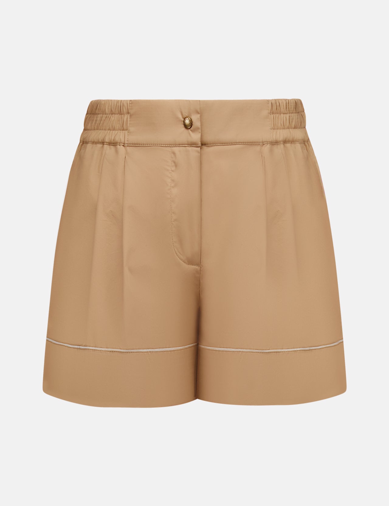 The MONCLER Brushed Techno Cotton Shorts feature beige tailoring, front pleats, an elasticated waistband with belt loops, button and zip closure, and a subtle horizontal seam for refined style in high-performance wear.
