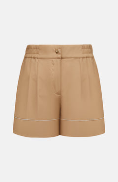 The MONCLER Brushed Techno Cotton Shorts feature beige tailoring, front pleats, an elasticated waistband with belt loops, button and zip closure, and a subtle horizontal seam for refined style in high-performance wear.