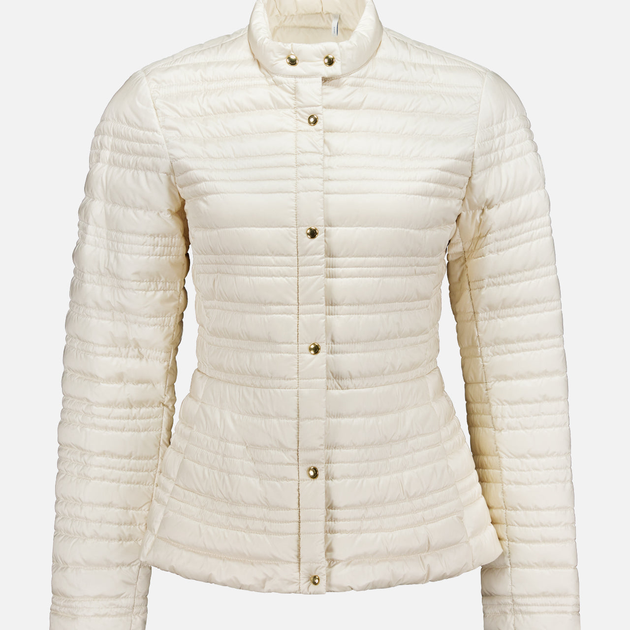 The MONCLER Cataire Quilted Biker Jacket features a cream hue, long sleeves, stand collar, and snap button closure, exuding biker-inspired style. Shown against a plain white background.
