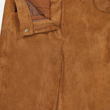 MONCLER Corduroy 5-Pocket Trousers in brown feature a partially unfastened waistband and zipper, showing the inner lining and textured vertical ridges—ideal for men’s fall fashion or fans of Moncler corduroy style.