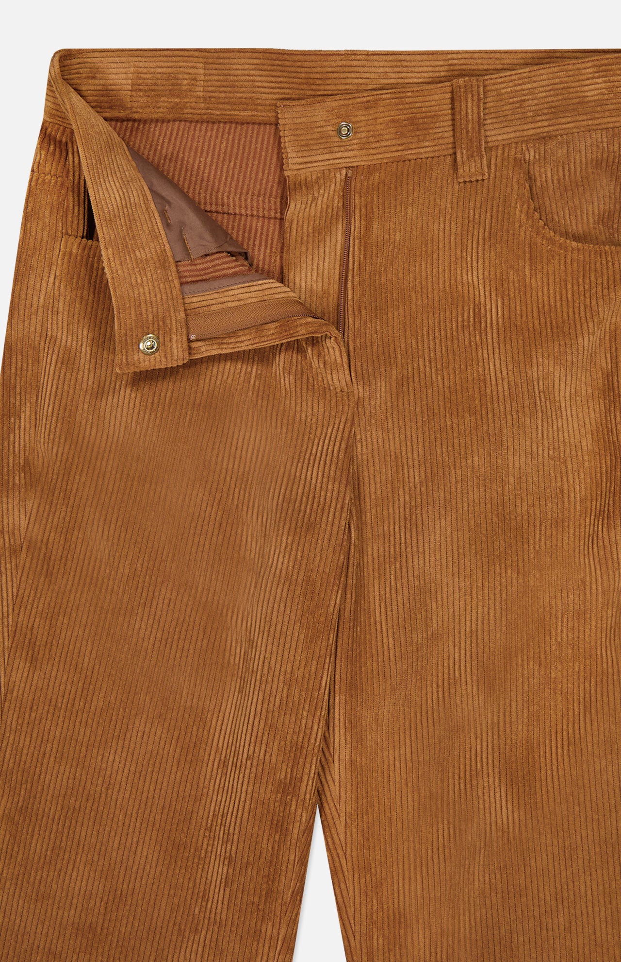 MONCLER Corduroy 5-Pocket Trousers in brown feature a partially unfastened waistband and zipper, showing the inner lining and textured vertical ridges—ideal for men’s fall fashion or fans of Moncler corduroy style.