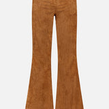 The MONCLER Corduroy 5-Pocket Trousers are high-waisted, brown pants featuring bell-bottom legs, front pockets, and a button closure, shown against a white background.