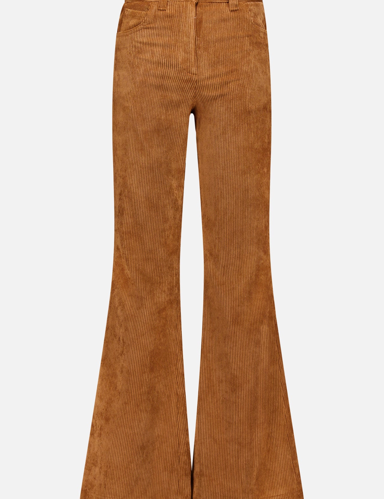 The MONCLER Corduroy 5-Pocket Trousers are high-waisted, brown pants featuring bell-bottom legs, front pockets, and a button closure, shown against a white background.