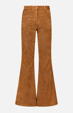 The MONCLER Corduroy 5-Pocket Trousers are high-waisted, brown pants featuring bell-bottom legs, front pockets, and a button closure, shown against a white background.