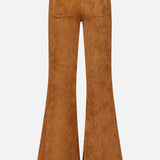 Back view of MONCLER Corduroy 5-Pocket Trousers in brown with a high waist, flared legs, and two back pockets—ideal for pairing with men’s fall outerwear. Displayed on a white background.