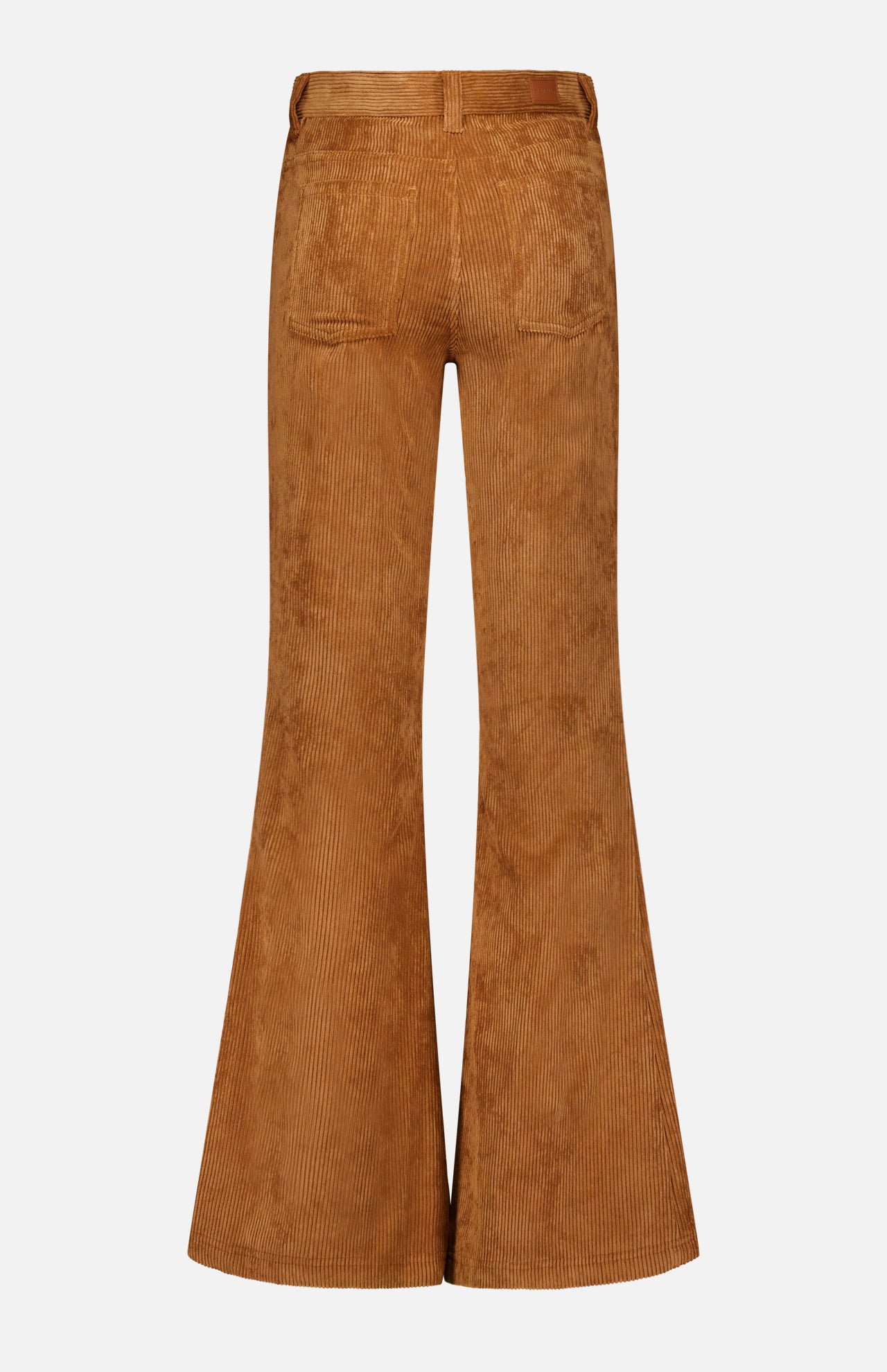 Back view of MONCLER Corduroy 5-Pocket Trousers in brown with a high waist, flared legs, and two back pockets—ideal for pairing with men’s fall outerwear. Displayed on a white background.