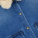 Close-up of the MONCLER Denim Vintage Jacket with Removable Collar, featuring gold snap buttons, two front pockets, and a fluffy cream sherpa collar for a stylish blend of modern and vintage outerwear appeal.