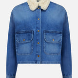 The MONCLER Denim Vintage Jacket with Removable Collar features a blue wash, white shearling collar, two button-flap front pockets, long sleeves, and a button-up front—perfect retro outerwear for any season.