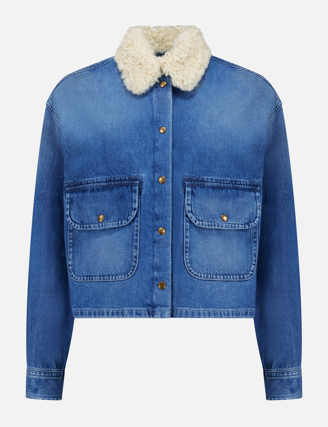 The MONCLER Denim Vintage Jacket with Removable Collar features a blue wash, white shearling collar, two button-flap front pockets, long sleeves, and a button-up front—perfect retro outerwear for any season.