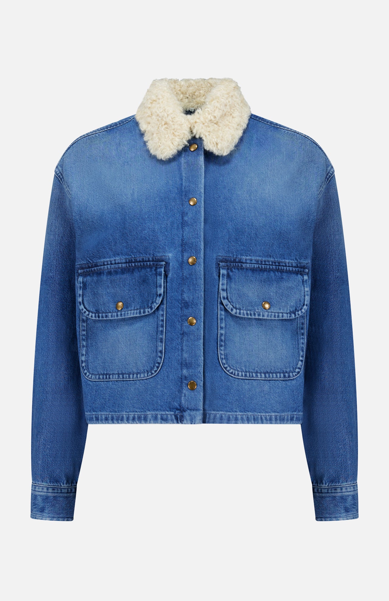 The MONCLER Denim Vintage Jacket with Removable Collar features a blue wash, white shearling collar, two button-flap front pockets, long sleeves, and a button-up front—perfect retro outerwear for any season.