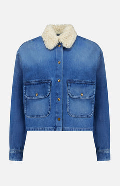 The MONCLER Denim Vintage Jacket with Removable Collar features a blue wash, white shearling collar, two button-flap front pockets, long sleeves, and a button-up front—perfect retro outerwear for any season.