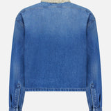 Back view of the MONCLER Denim Vintage Jacket with Removable Collar, featuring long sleeves, buttoned cuffs, a straight hem, a faded wash, and seam detailing for a retro look.