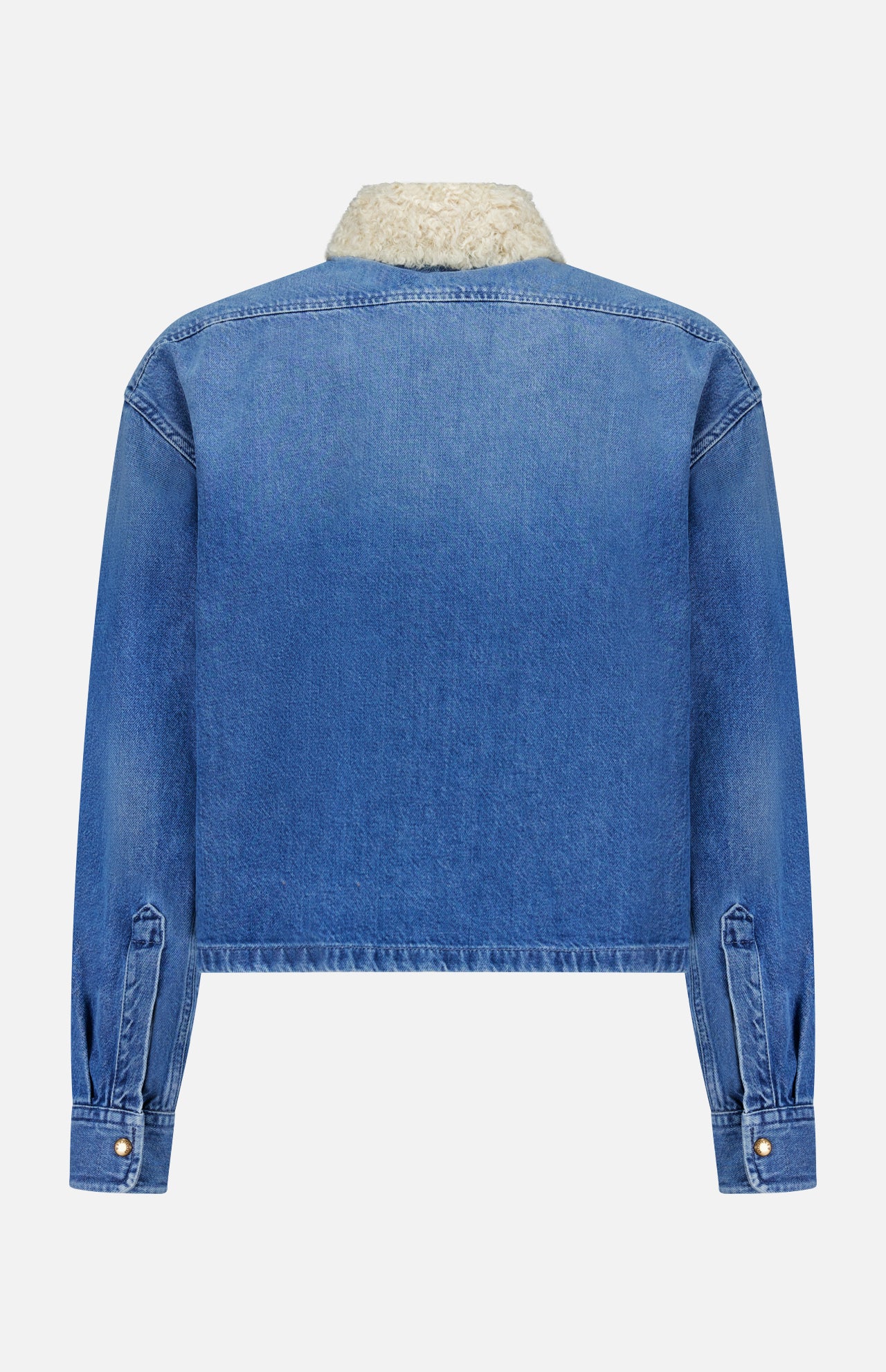 Back view of the MONCLER Denim Vintage Jacket with Removable Collar, featuring long sleeves, buttoned cuffs, a straight hem, a faded wash, and seam detailing for a retro look.