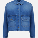 The MONCLER Denim Vintage Jacket with Removable Collar features long sleeves, a button-up front, two large button-flap pockets, and is shown on a white background—perfect vintage-inspired outerwear for any wardrobe.