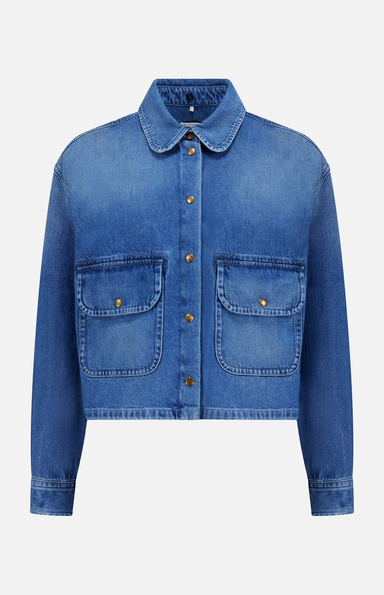 The MONCLER Denim Vintage Jacket with Removable Collar features long sleeves, a button-up front, two large button-flap pockets, and is shown on a white background—perfect vintage-inspired outerwear for any wardrobe.