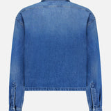 Back view of the MONCLER Denim Vintage Jacket with Removable Collar, featuring long sleeves, buttoned cuffs, a straight hem, and classic denim stitching for a vintage-inspired outerwear look.