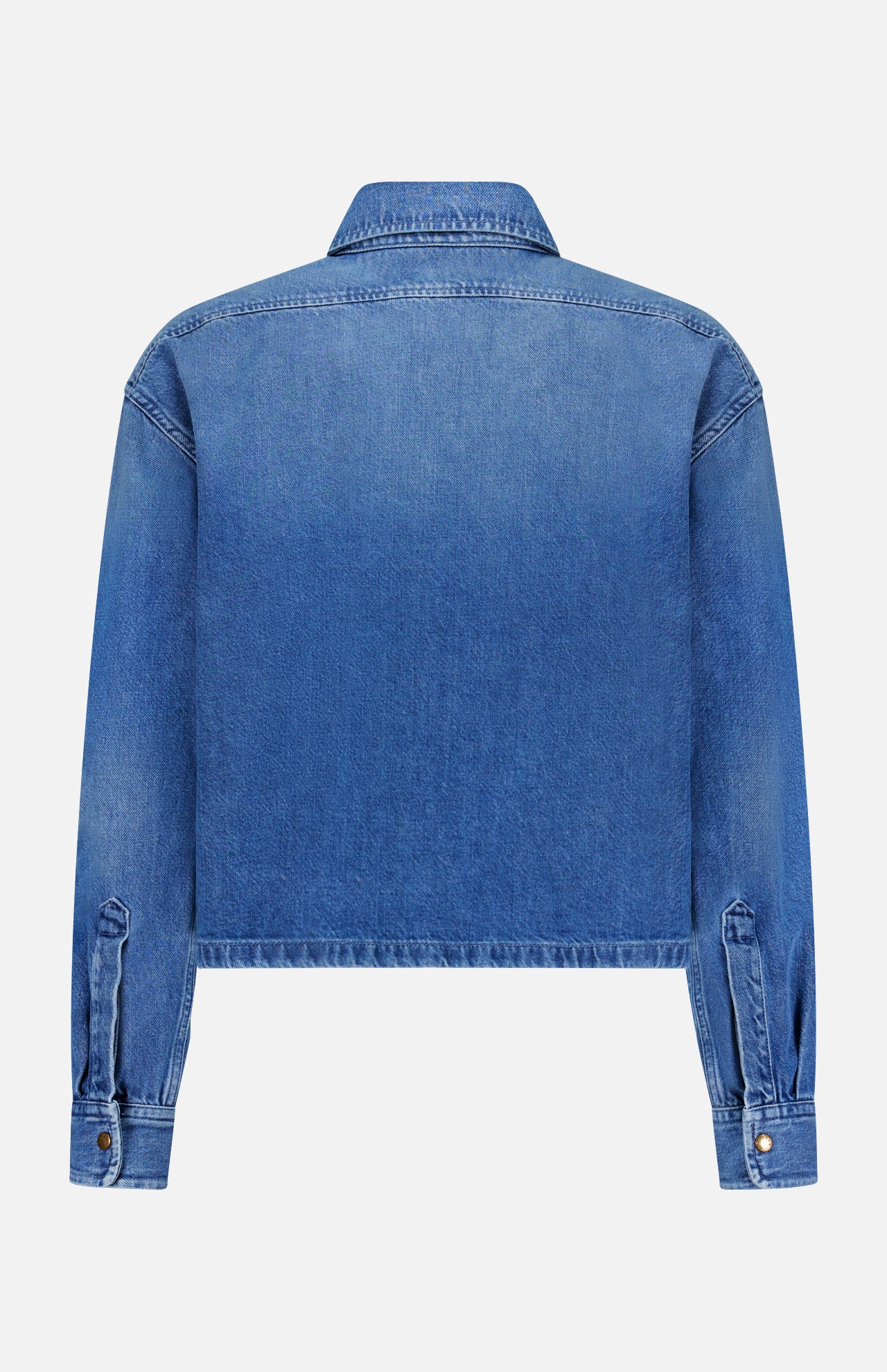Back view of the MONCLER Denim Vintage Jacket with Removable Collar, featuring long sleeves, buttoned cuffs, a straight hem, and classic denim stitching for a vintage-inspired outerwear look.