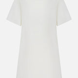 The MONCLER Embroidered Mini Dress, a white short-sleeved, collared shirtdress with embroidered details, is shown from the back against a plain white background.