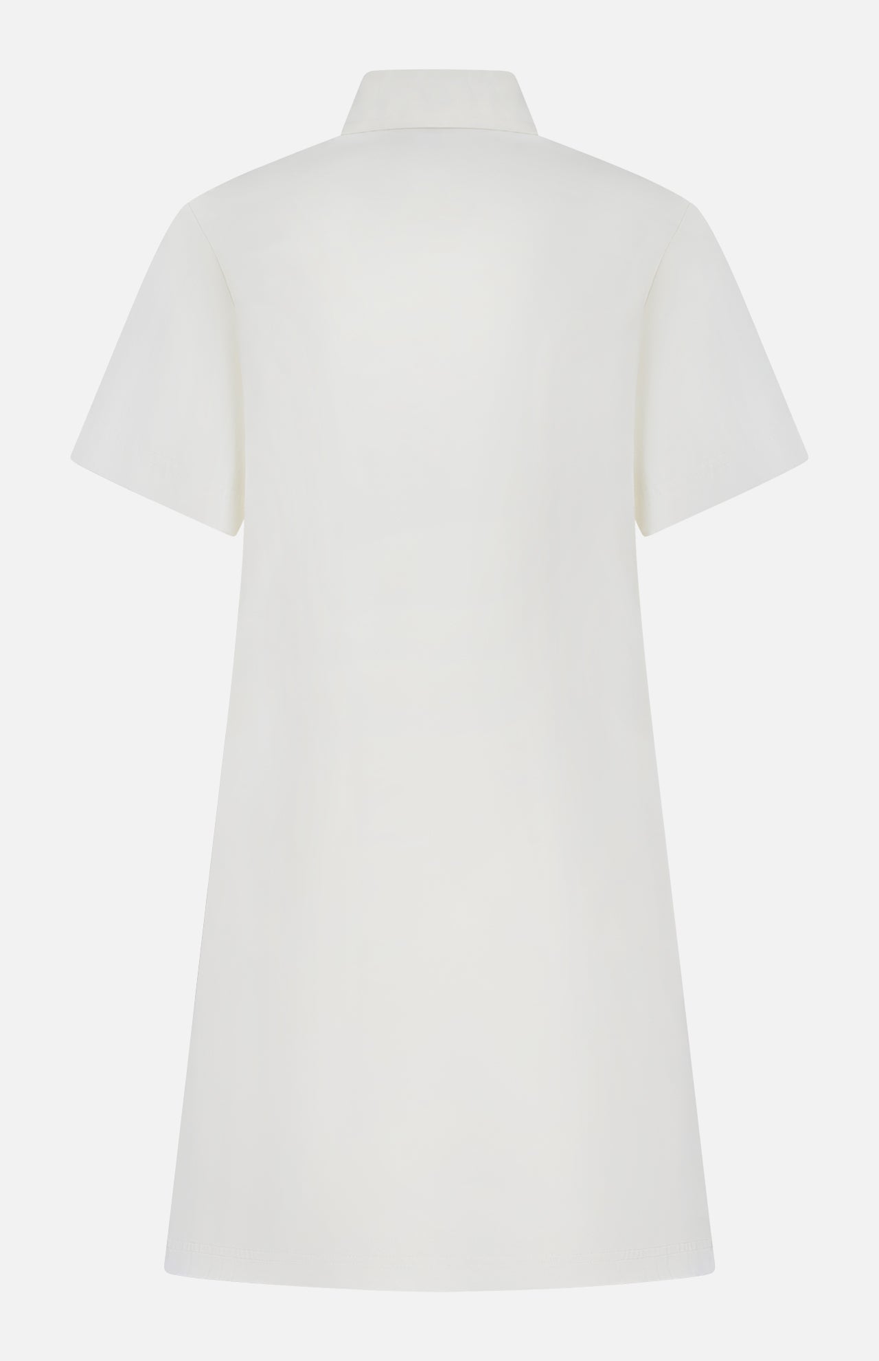 The MONCLER Embroidered Mini Dress, a white short-sleeved, collared shirtdress with embroidered details, is shown from the back against a plain white background.