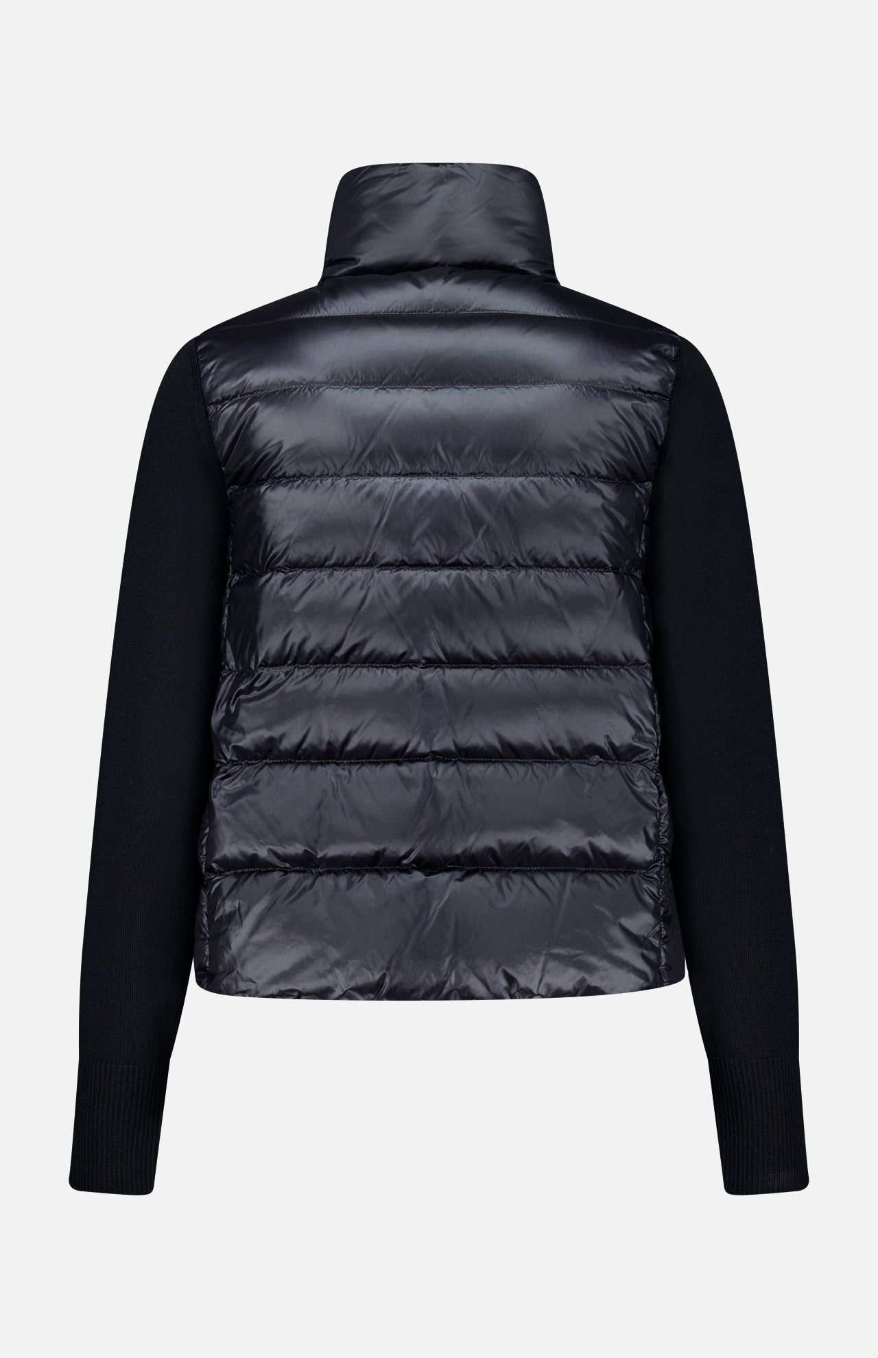 A black Extrafine Wool Cardigan by MONCLER, featuring a shiny, quilted puffer back panel and matte long sleeves, is shown from the back against a plain white background.