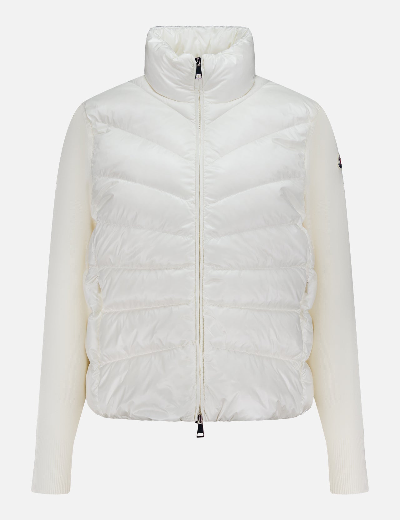 A white MONCLER Extrafine Wool Cardigan Jacket featuring a high collar, front zipper, and ribbed knit sleeves is displayed against a plain light background.