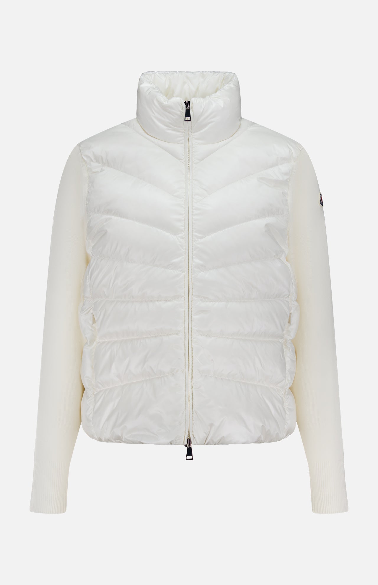A white MONCLER Extrafine Wool Cardigan Jacket featuring a high collar, front zipper, and ribbed knit sleeves is displayed against a plain light background.