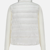 Back view of the MONCLER Extrafine Wool Cardigan Jacket, featuring a quilted body, smooth ribbed long sleeves, high collar, and straight hem, shown against a plain white background.