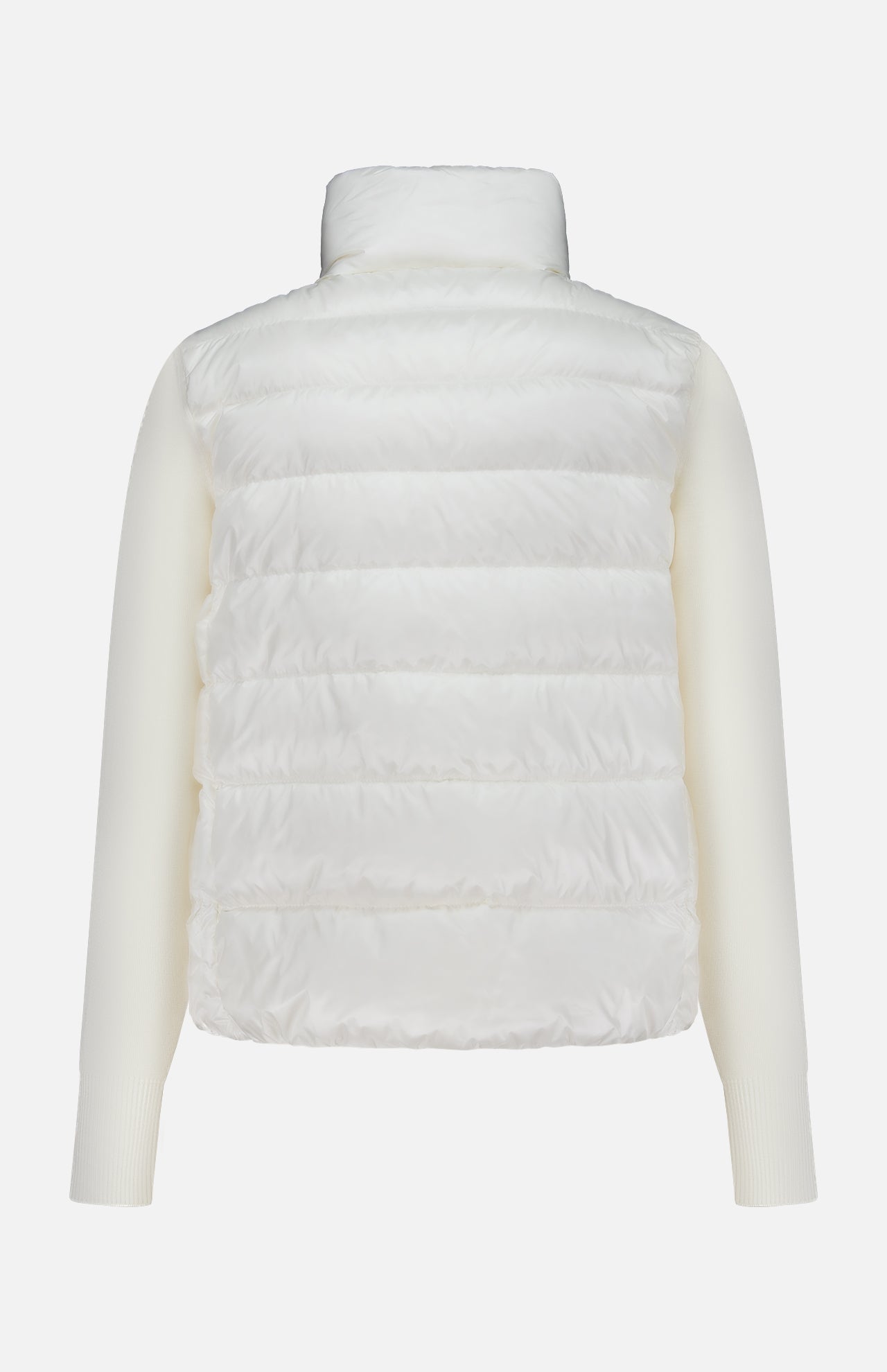 Back view of the MONCLER Extrafine Wool Cardigan Jacket, featuring a quilted body, smooth ribbed long sleeves, high collar, and straight hem, shown against a plain white background.