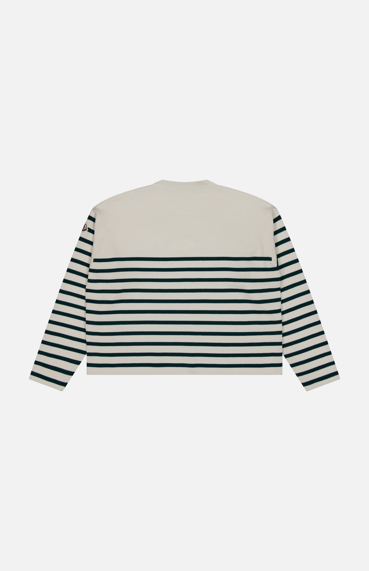 The Extrafine Wool Crewneck Sweater by MONCLER is a long-sleeve design crafted from extra-fine wool, featuring a cream upper section with classic navy nautical stripes extending from the chest down and along the sleeves. The sweater is shown flat and viewed from the back.