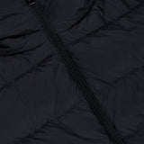 Close-up of the black quilted fabric and diagonal zipper from the MONCLER Gie Concealed Hood Long Coat, highlighting the water-repellent material’s texture and stitching.