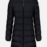 The MONCLER Gie Concealed Hood Long Coat—a long black puffer coat featuring a hood, front zipper, quilted design, and long sleeves—is displayed on a plain white background.