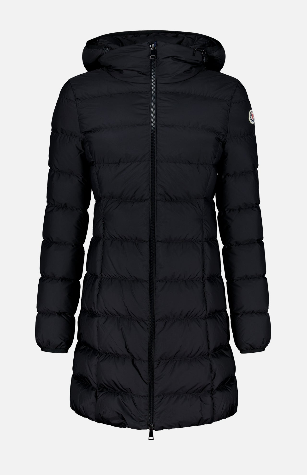 The MONCLER Gie Concealed Hood Long Coat—a long black puffer coat featuring a hood, front zipper, quilted design, and long sleeves—is displayed on a plain white background.