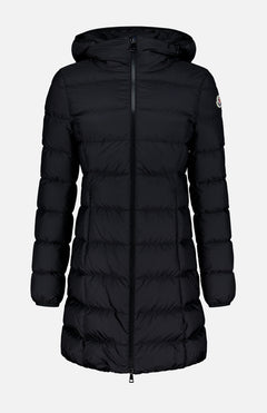 The MONCLER Gie Concealed Hood Long Coat—a long black puffer coat featuring a hood, front zipper, quilted design, and long sleeves—is displayed on a plain white background.