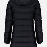 The Gie Concealed Hood Long Coat by MONCLER is a black, quilted puffer down jacket with a concealed hood, shown from the back against a plain white background. Featuring horizontal stitching and long sleeves, this stylish water-repellent outer layer offers both warmth and protection.