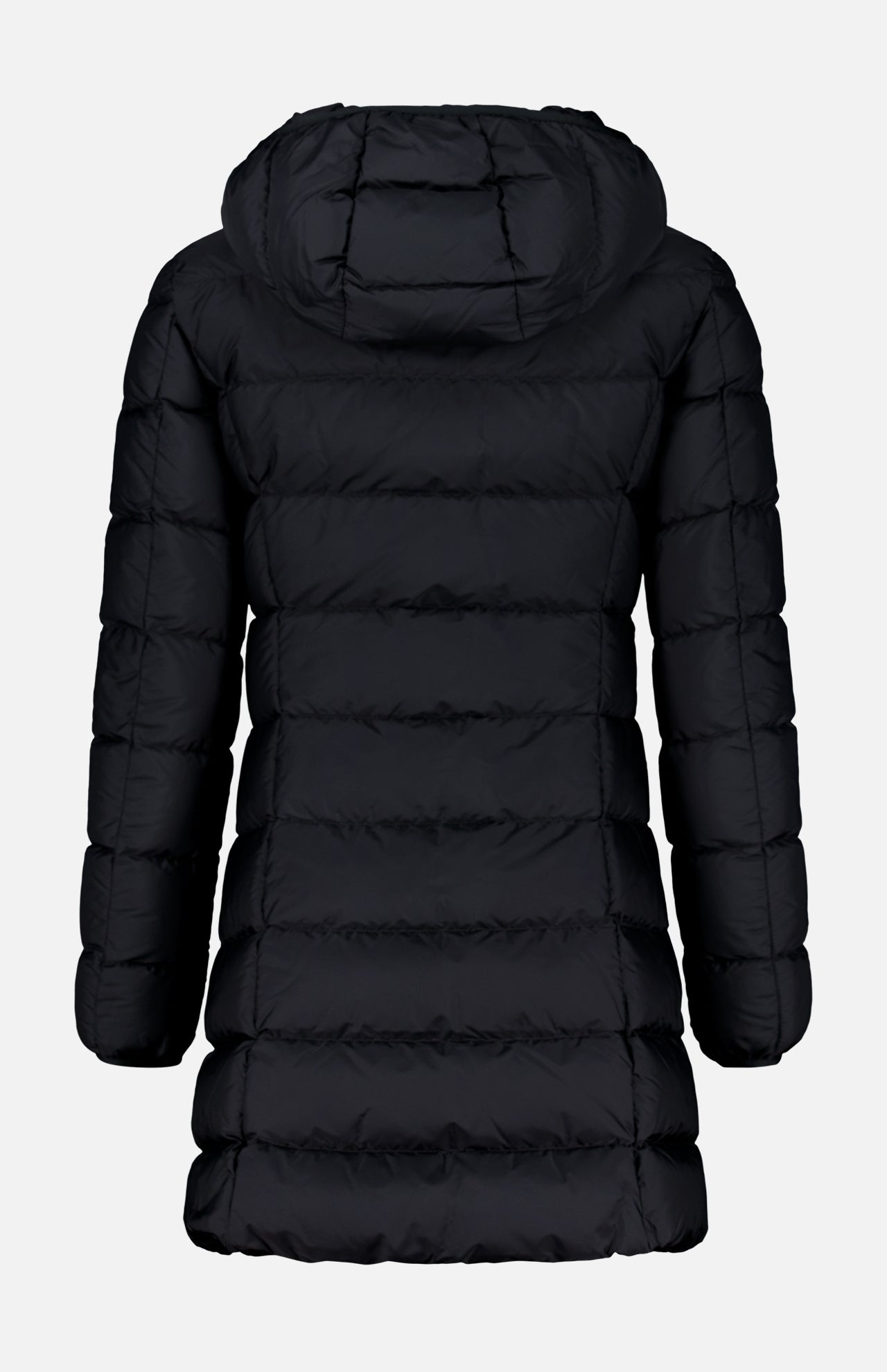 The Gie Concealed Hood Long Coat by MONCLER is a black, quilted puffer down jacket with a concealed hood, shown from the back against a plain white background. Featuring horizontal stitching and long sleeves, this stylish water-repellent outer layer offers both warmth and protection.