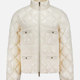 The MONCLER Lavaret Quilted Puffer Jacket in cream nylon laqué features a high collar, front zipper, and four buttoned flap pockets—a stylish and lightweight outerwear option. Displayed on a plain white background.