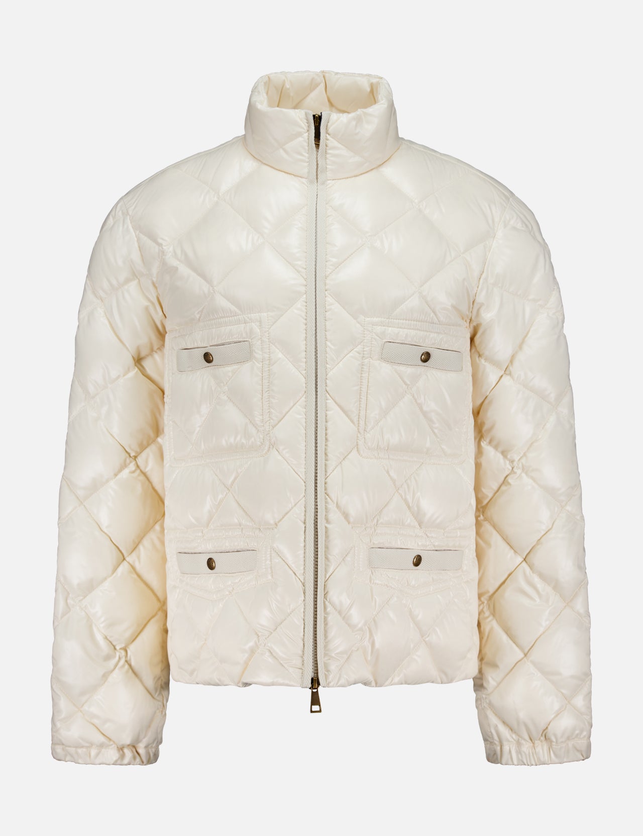 The MONCLER Lavaret Quilted Puffer Jacket in cream nylon laqué features a high collar, front zipper, and four buttoned flap pockets—a stylish and lightweight outerwear option. Displayed on a plain white background.