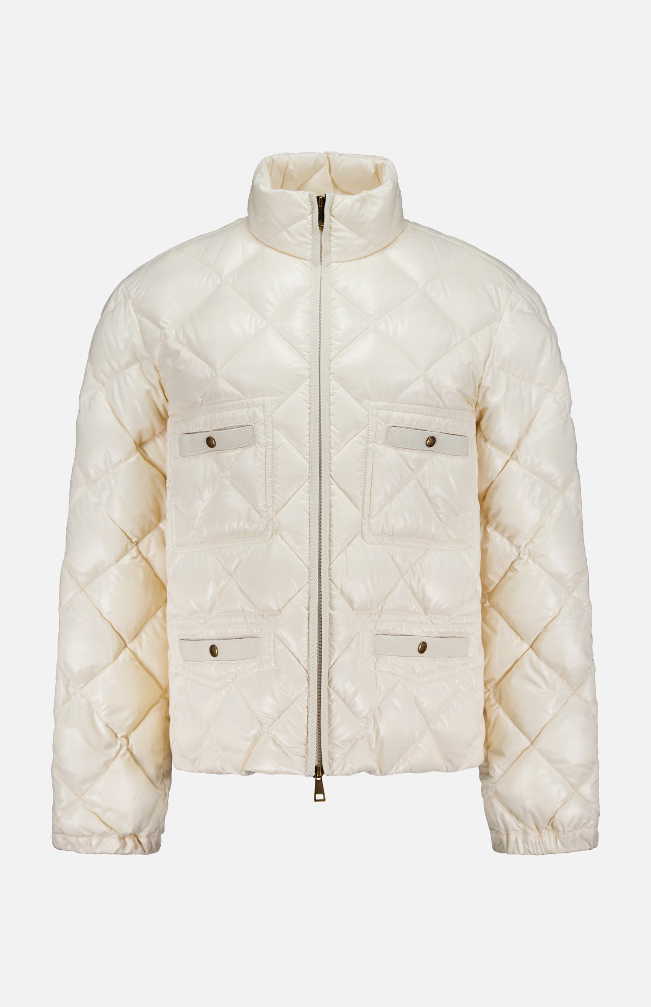 The MONCLER Lavaret Quilted Puffer Jacket in cream nylon laqué features a high collar, front zipper, and four buttoned flap pockets—a stylish and lightweight outerwear option. Displayed on a plain white background.
