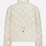 The MONCLER Lavaret Quilted Puffer Jacket features glossy white nylon laqué, a high collar, elasticated cuffs, and a drawstring waist—shown from the back, it's perfect lightweight outerwear for cold days.