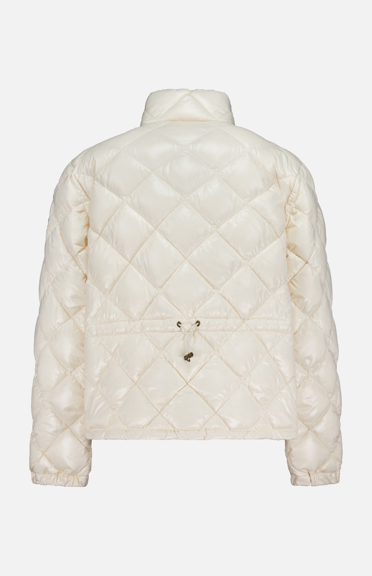 The MONCLER Lavaret Quilted Puffer Jacket features glossy white nylon laqué, a high collar, elasticated cuffs, and a drawstring waist—shown from the back, it's perfect lightweight outerwear for cold days.